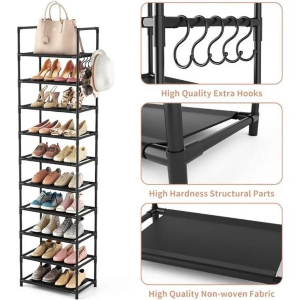 Tall Narrow Shoe Rack 10 Tier Organizer Shelf Holds 25 Pairs Black Storage